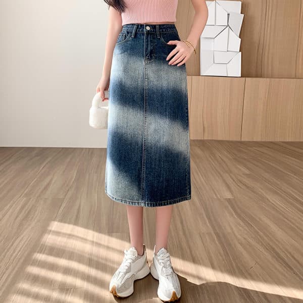 Chân váy denim cạp cao màu ombre